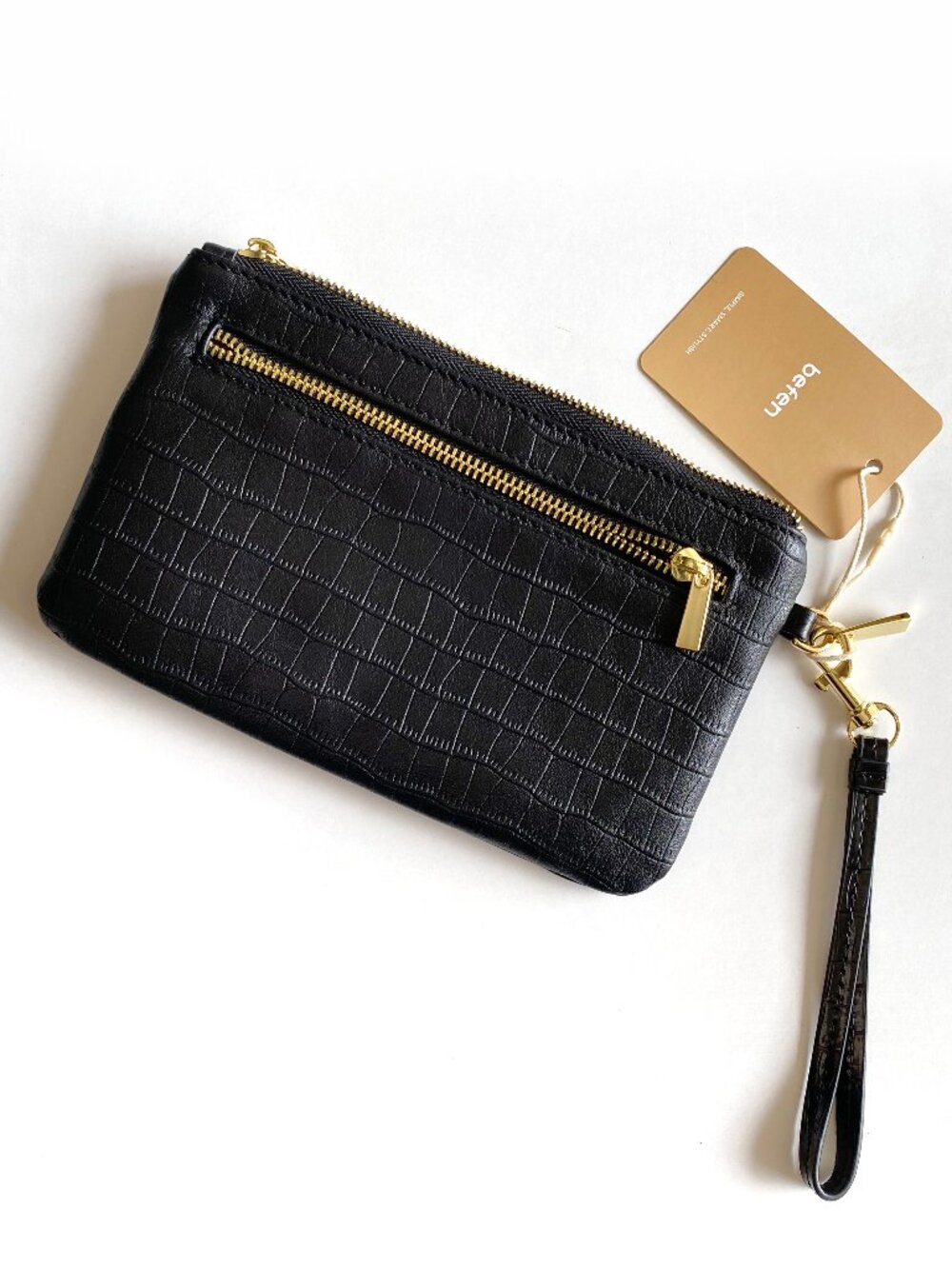 NWT befen Leather Wristlet Black Gold Hardware Clutch Purse